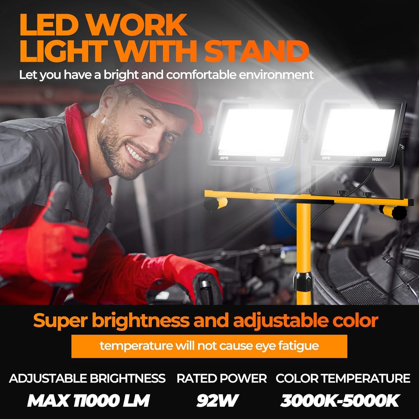 Work Lights with Stand, 2 Adjustable Head LED Work Light，Foldable Tripod Stand and Portable Removable Led Construction Lights with Individual Switch with 6500 Kelvin Color