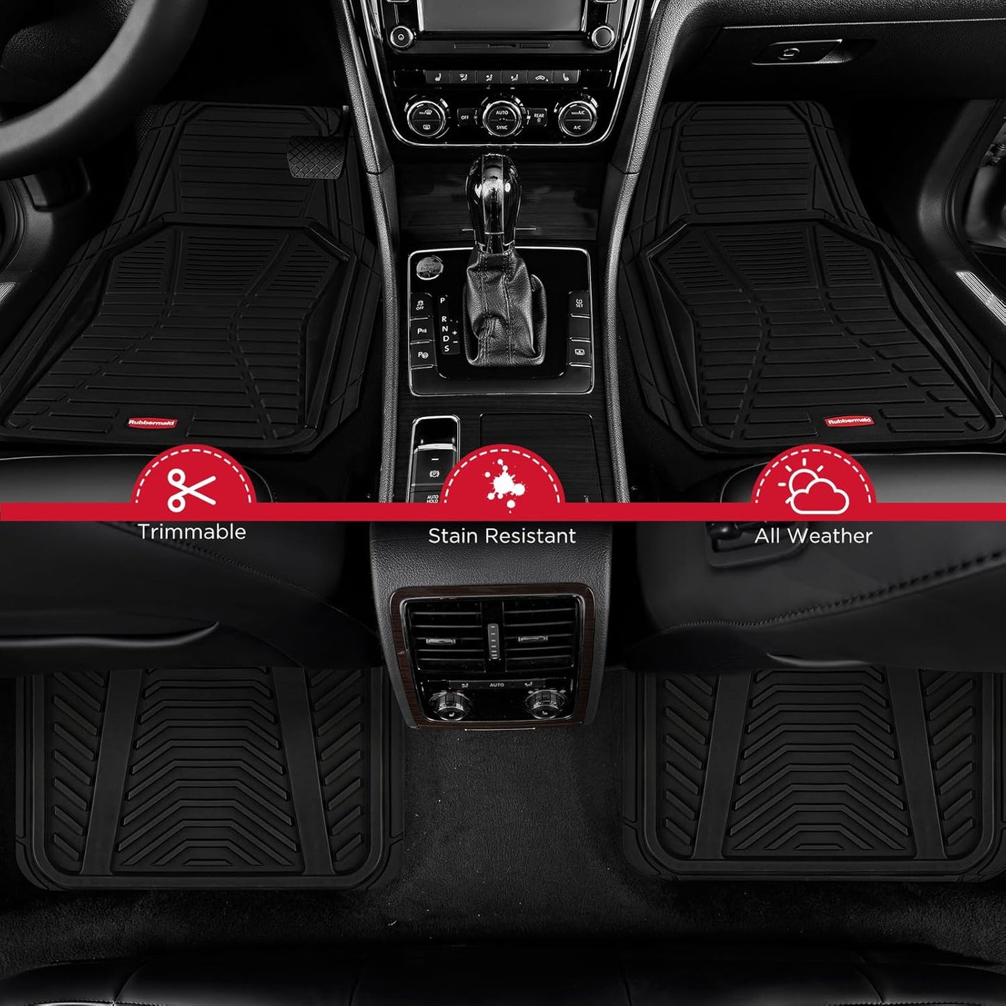 Rubbermaid Car Mat Full Set All-Weather Heavy-Duty 4 Pieces– Trim-to-Fit Universal Car Mats Full Set – Waterproof Rubber Floor Liners for Most Trucks, SUVs, Vans, and Sedans-Black