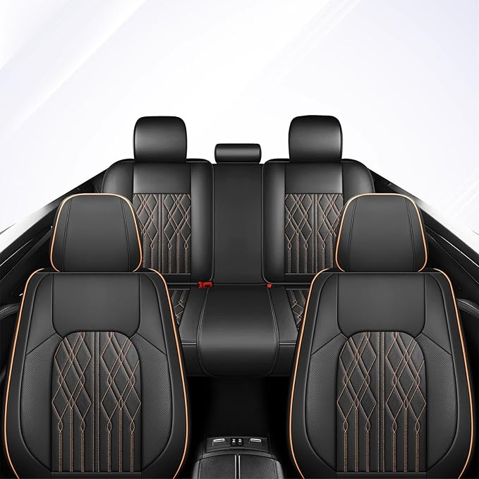Huidasource Back Seat Covers for Cars, Trucks, SUVs, 3 Piece Rear Seat Cover for Split Bench, Vehicle Seat Cushion Cover Protector Universal Fit for Most Cars (Back Row/Black&Orange)