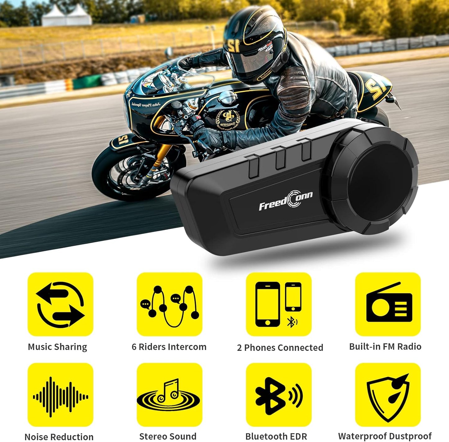 FreedConn KY PRO Motorcycle Helmet Bluetooth Headset, Motorcycle Communication Systems with CVC Noise Cancellation, Stereo Music, 6 Riders 0.75mi/1200m intercom, Dual Device Connection, IP65, 2 Pack