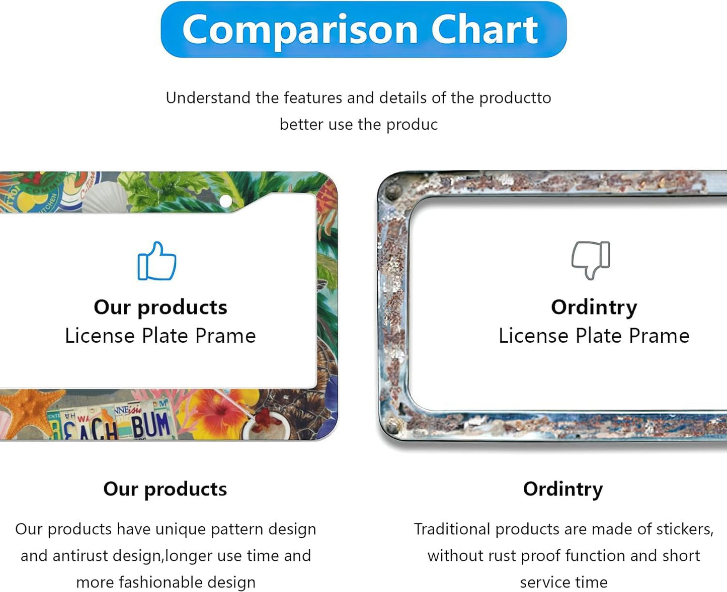 Summer Beach License Plate Frames - 2 Pcs Set 2 Holes Metal Aluminum Auto Car Accessories Decoration License Plate Frame 12.2 x 6.3 inch for Women Men Gift