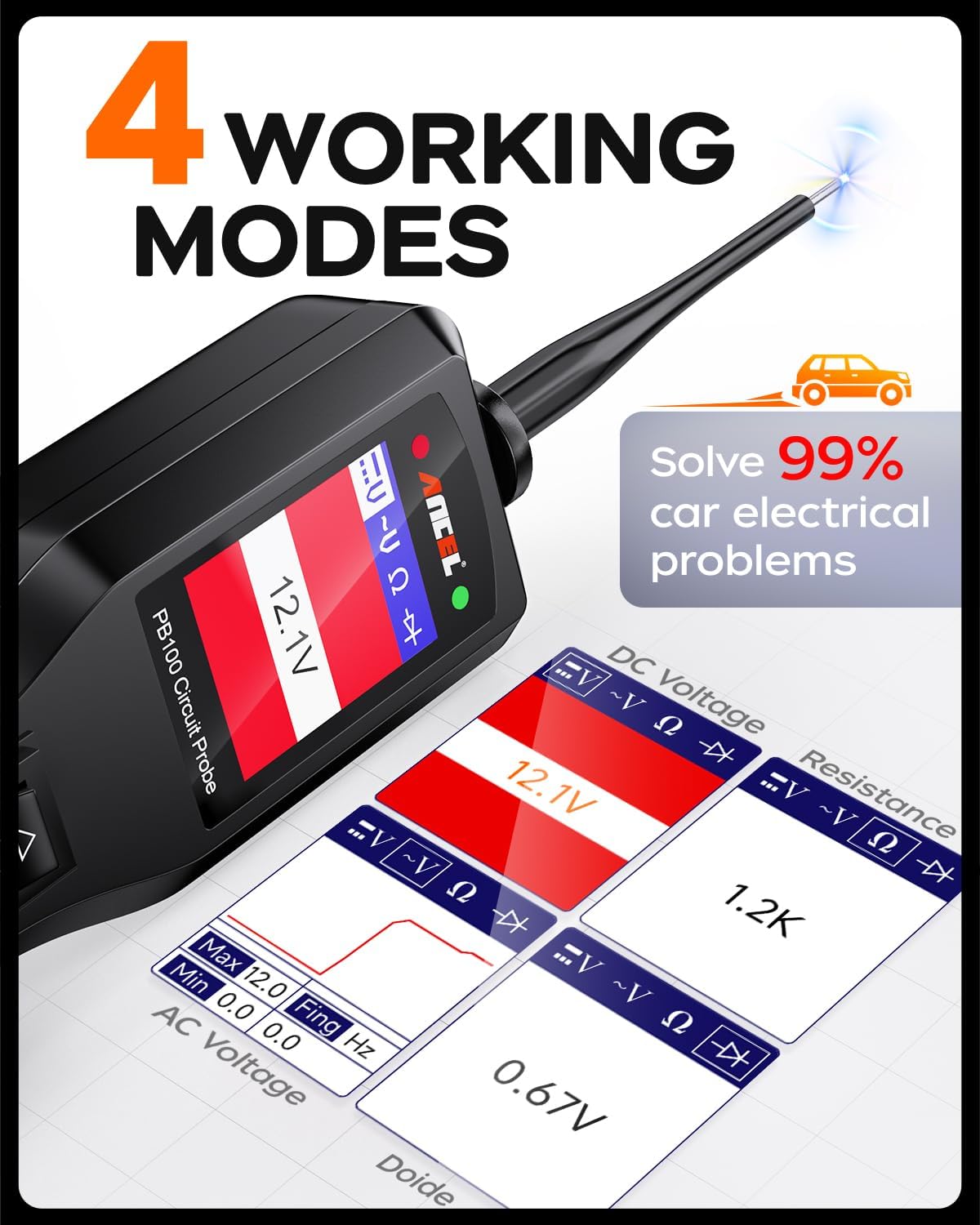 ANCEL PB100 Automotive Power Circuit Probe Tester, 12 24V Electrical Short/Open Breaker Finder, AC DC Diode Resistance Relay Tester, Continuity Test Digital Multimeter/Ohmmeters, 20 + 20FT Cable