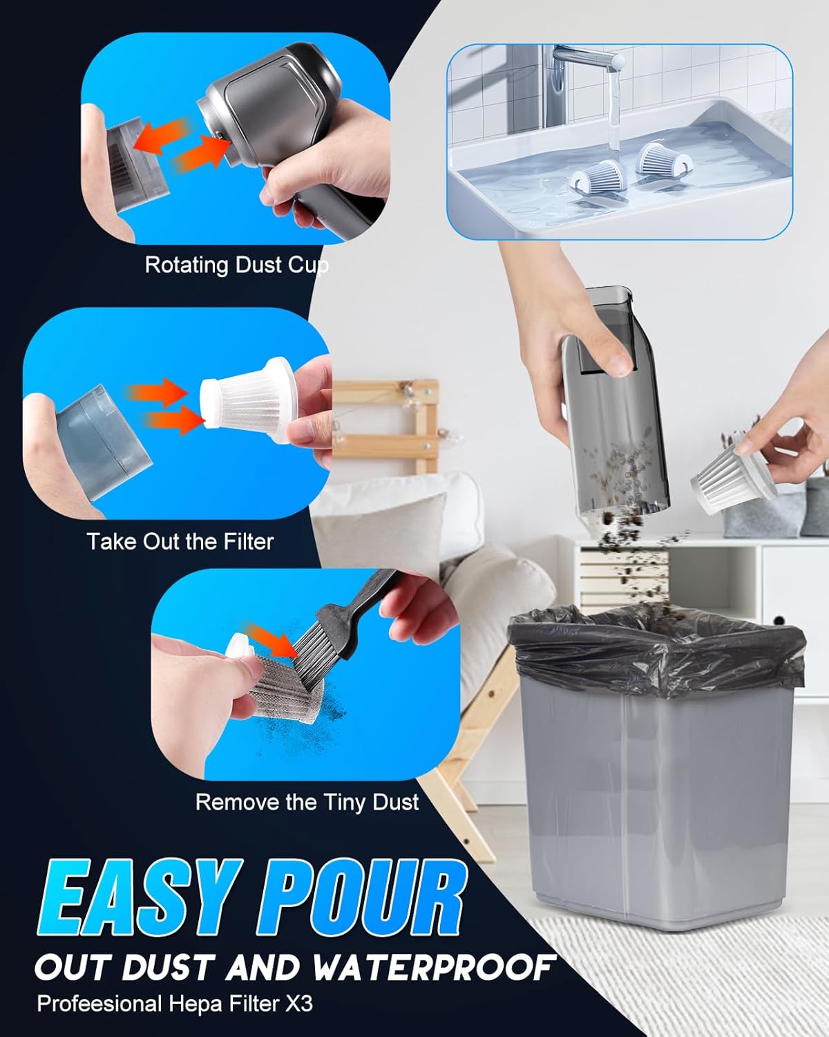 Meteralla 18000Pa Car Vacuum Portable Cordless, 5000mAh High Power Cordless Vacuum Cleaner, 120W Portable Vacuum for Car, Office, Pet and Home Cleaning