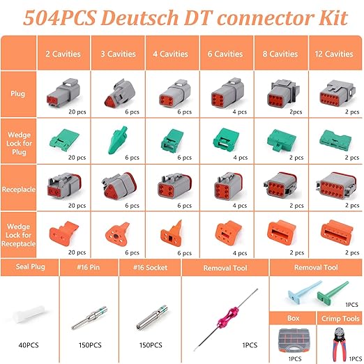 504PCS Deutsch Connectors Kit with Crimping Tool, 2/3/4/6/8/12 Pin DT Connectors with Removal Tool, Size 16 Solid Terminal Contacts, 14-18 AWG