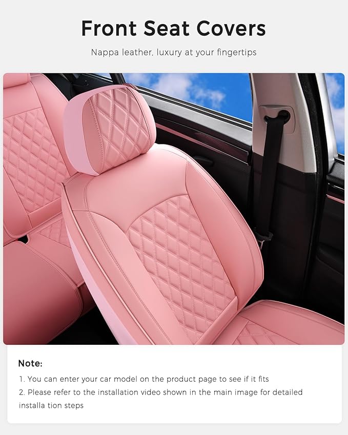 Huidasource Pink Front Seat Covers, Nappa Leather Front Car Seat Covers, Side Elastic Fabric, Compatible with Airbags, Seat Belts, Universal Fit for Most Cars, Vans, Trucks, SUV (Front Pair/Pink)