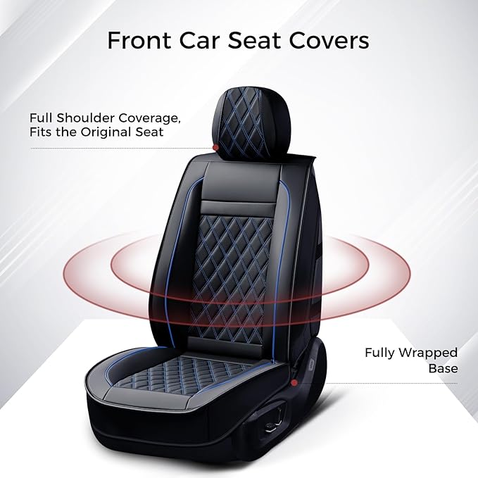 Huidasource Front Car Seat Covers, Leather Car Seat Cushion, Automotive Car Seat Cover Protector Universal Fit Front Seat, Airbag Compatible, for Most Cars,Vans,Trucks, SUVs (Front Pair/Black&Blue)