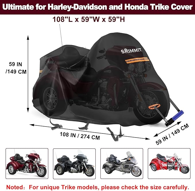 Trike Motorcycle Cover, Covers for 3 Wheel Harley Davidson Waterproof Outdoor Storage, Heavy Duty 420D Oxford Fabric Shelter for Honda, Tri Glide Cover with Zipper for Antenna, Rain Snow Protection