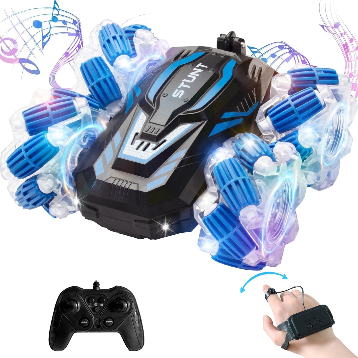 Remote Control Car, 2.4 Ghz 4WD Gesture Sensing RC Stunt Car, Double Sided 360° flip, with Cool Lights and Music, Birthday Present Toys Car for Boys SND Girls Aged 5-12 (Blue)