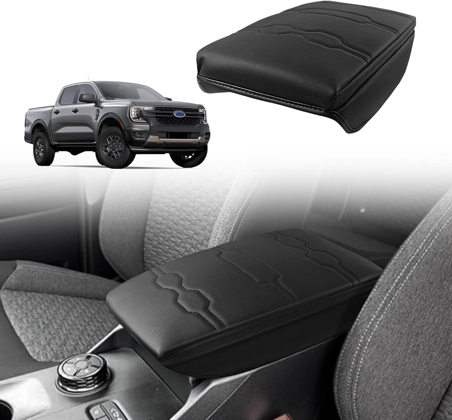 Muslogy Center Console Armrest Cover Compatible with Ford Ranger 2024 2025 Accessories Comfort Armrest Pad Cushion Box Lid Cover Vegan Leather Protector 1-Inch Extra Thick(Black/Black Stitching)