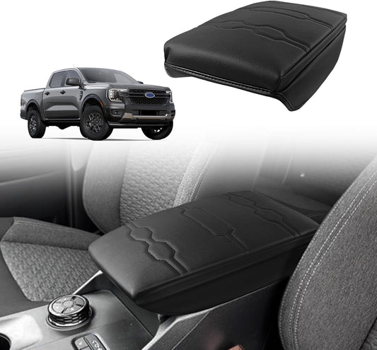 Muslogy Center Console Armrest Cover Compatible with Ford Ranger 2024 2025 Accessories Comfort Armrest Pad Cushion Box Lid Cover Vegan Leather Protector 1-Inch Extra Thick(Black/Black Stitching)