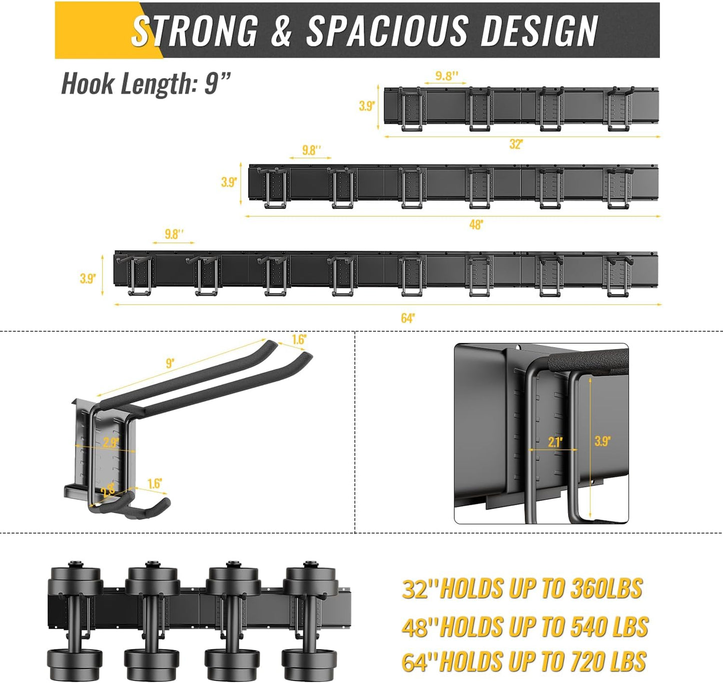 Garage Tool Rack Wall Mount – 48 inches Heavy-Duty Garden Tool Holder with 6 Adjustable Hanging Hooks – Garage Wall Storage Organizer for Shovel, Rake – Max Load 540 lbs (48 inch)