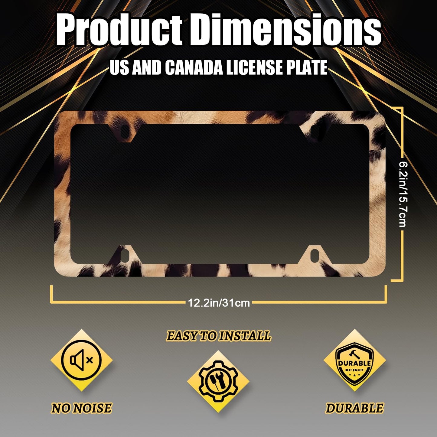 Vintage Brown White Cow Print License Plate Frame Animal Spots License Plate Stainless Steel Colorful Accessories Cars Decor 12.2 X 6.2 Inch with 4 Holes and Screws Fits Standard Us Ca Vehicles