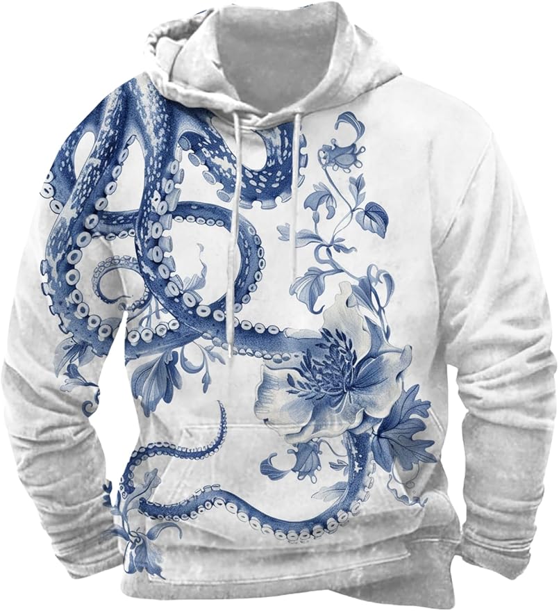 Mens Animal Print Graphic Hoodies Casual Long Sleeve Japanese Art Style Hooded Sweatshirt Lightweight Pullover Tops