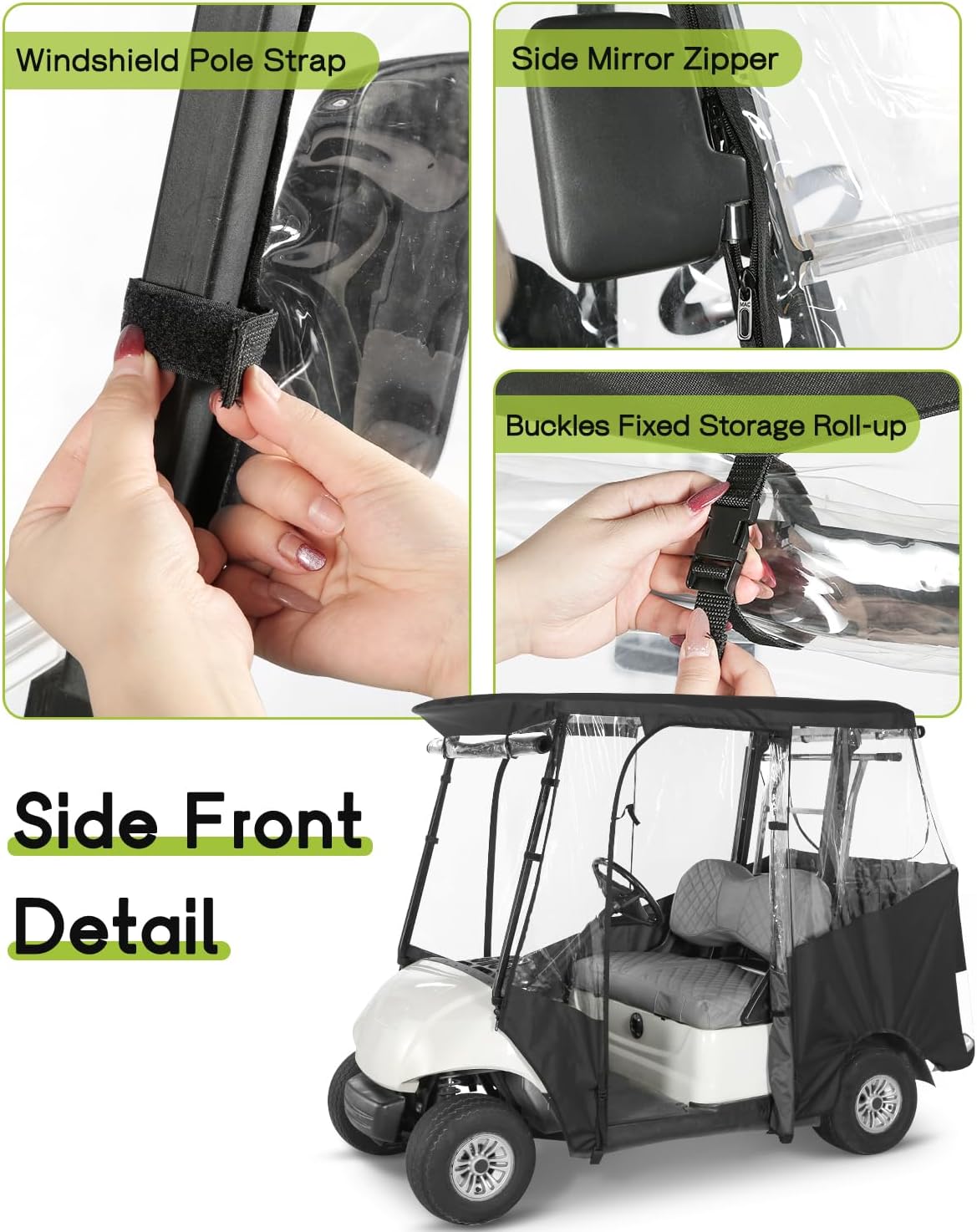 Golf Cart Enclosure 2 Passenger for Yamaha G29 Drive 2 Enclosure Waterproof Windproof Driving Rain Cover Fit 2-Seater Short Roof with 4-Sided Clear Windows Mirror Openings Roll-up Zipper Door Black
