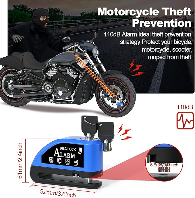 Motorcycle Lock Rechargeable, Alarm Disc Brake Lock with Reminder Cable, 110 dB Alarm Sound, Anti-Theft Waterproof, 2 H Fast-Charging, 9 Months Standby, 7 mm Lock Pin Universal for Bikes