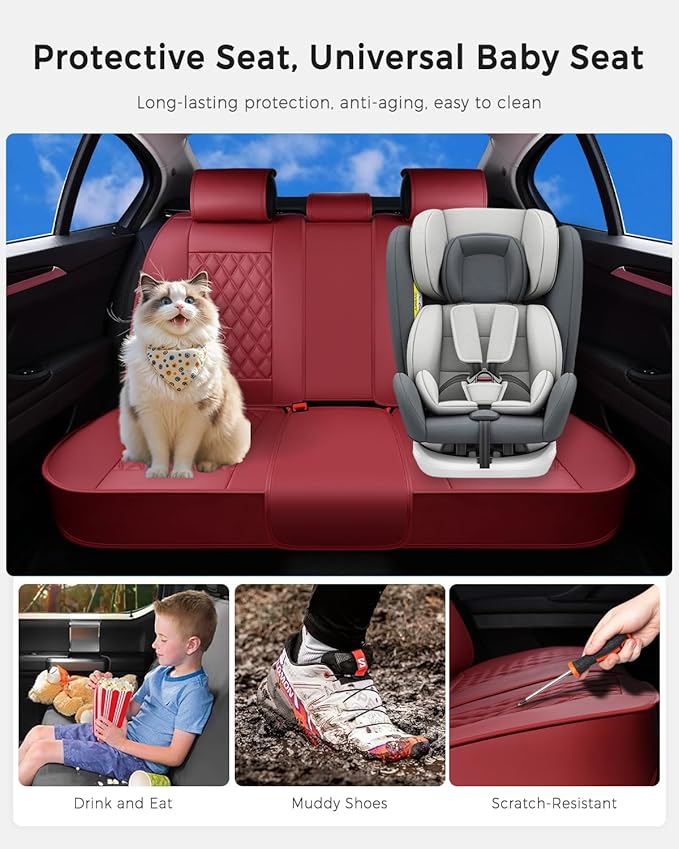 Huidasource Rear Car Seat Cover, Nappa Leather Rear Seat Cover Velcro Adjustable, Compatible with Armrests, Seat Belts, Child Safety Seats, Universal Fit for Most Cars SUVs Trucks (Back Row/Red)