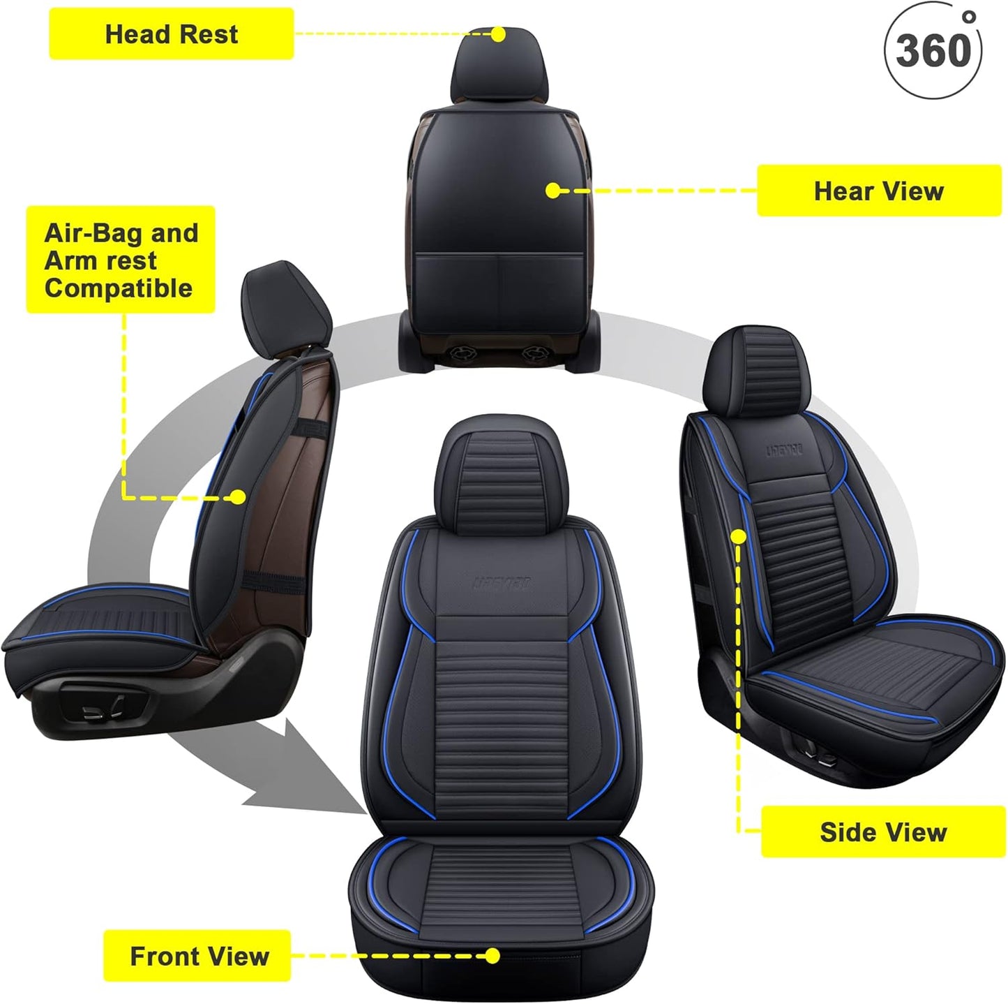 LINGVIDO Car Seat Covers, Breathable and Waterproof Faux Leather Automotive Seat Covers for Cars SUV Truck Sedan,Universal Anti-Slip Seat Cover with Backrest (Front Seat, Black-Blueline)