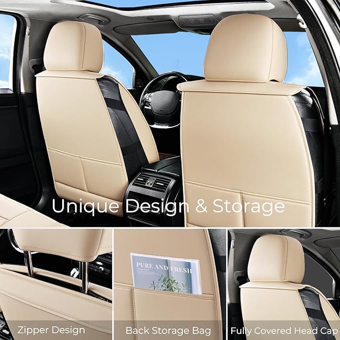 Huidasource Beige Car Seat Covers Front Seats, Front Seat Cover for Cars, Nappa Leather Automotive Car Seat Cushion Protector Universal Fit for Most Cars,Vans,Trucks, SUVs (Front Pair/Beige)
