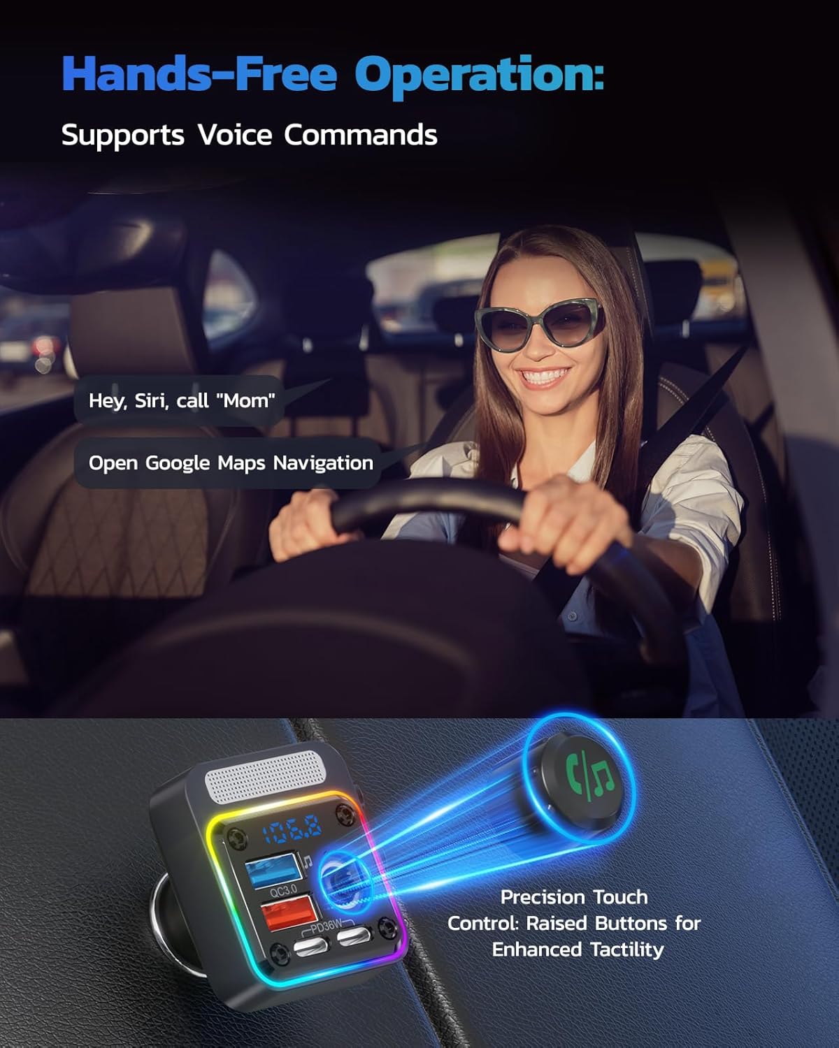 Nulaxy 54W Bluetooth 5.3 Car Adapter Charger 4-Port Fast Charging [PD36W & QC3.0 18W], Wireless Radio FM Transmitter with Deep Bass Player, 5 Colors LED Backlit, Hands-Free Calling, Support USB Drive