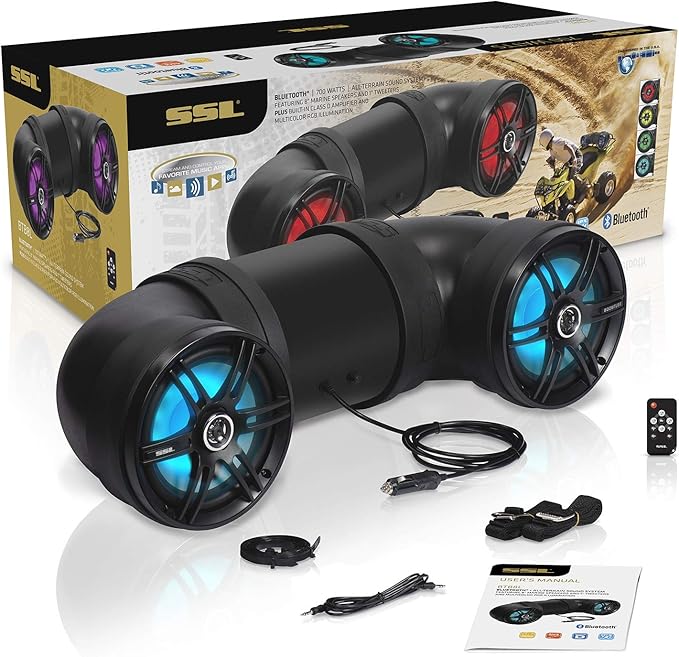 Soundstorm BTB8L 8 Inch 700W Bluetooth Amplified Marine Powersports UTV ATV Tube Speaker System with LED Lights, Black