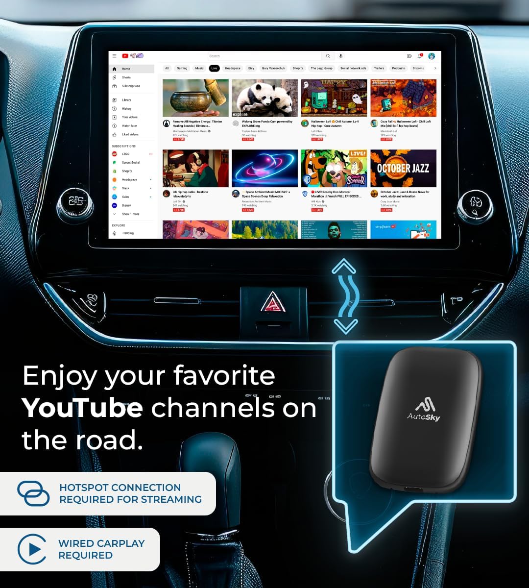AutoSky Ai Box Lite Air - Streaming on the Go, Netflix and Youtube in your car. Convert Your Wired CarPlay into Wireless CarPlay or Android Auto. HotSpot Required for Streaming. Wired CarPlay Required