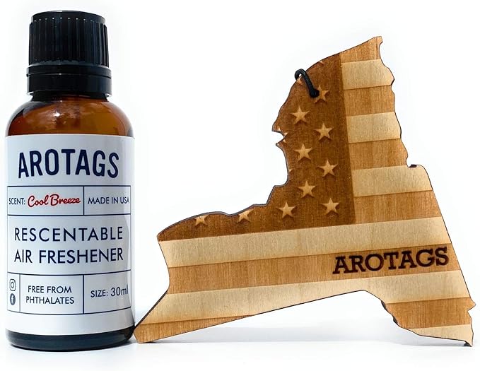 Arotags Car Air Freshener - Reusable Wood Diffuser - Hanging Odor Eliminator - New York Patriot - Cool Breeze Scent