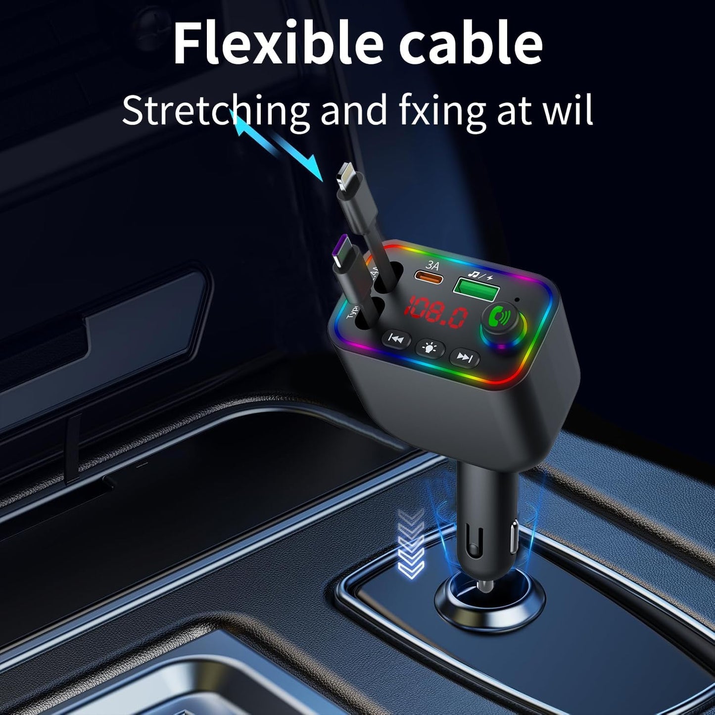 Vitog Retractable Car Charger, Wireless Bluetooth 5.3 FM Transmitter 100W USB C 4 in 1 Fast Car Charger Adapter,iPhone 16 Fast Charging-for iPhone 16 15 14 13 12 Android