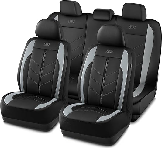 Skechers Car Seat Covers,Luxury Faux Leather Seat Covers,Waterproof Anti Slip Car Seat ProtectorFull Set,Car Accessories Airbag Universal Fit for Most Cars,Vans,Trucks,SUV,Grey