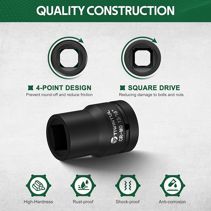 3/4" Drive Shallow Impact Socket Set, 16PCS 6-Point SAE (3/4” to 1-13/16”), 13/16” Square Socket, Heavy Duty Impact Socket Set with 1/2"F to 3/4"M Adapter for Auto, Truck, Large Equipment