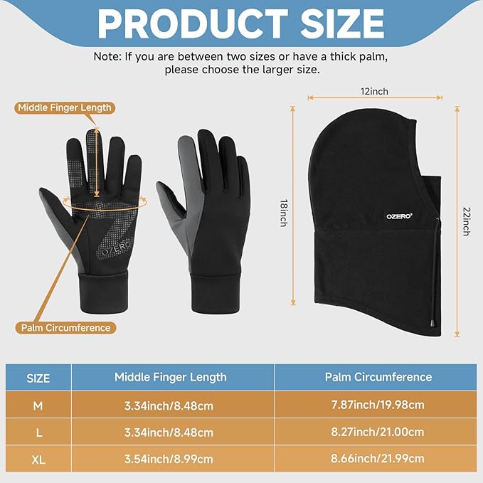 OZERO Winter Balaclava Gloves Set: Windproof Ski Mask Balaclava for Men & Women - Thermal Touchscreen Gloves for Cold Weather