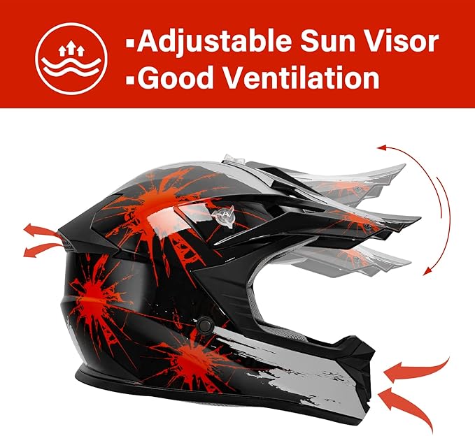 XFMT DOT Youth Kids Dirt Bike Helmet Full Face Motocross Helmets for Off-Road ATV Street Bike Four Wheeler Motorcycle with Goggles & Gloves, Black Red Firework Large