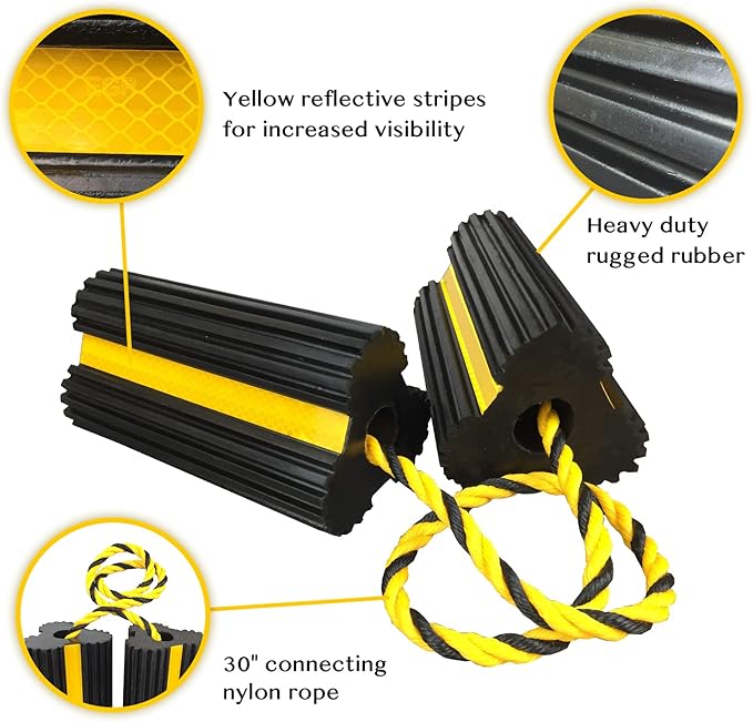 Heavy Duty Rubber Dual Wheel Chocks, RV Non Slip Wheel Stoppers with Nylon Rope Yellow Reflective Tape, Wheel Block for Travel Trailers, Aircraft, Car, Camper, Truck 1 Pair