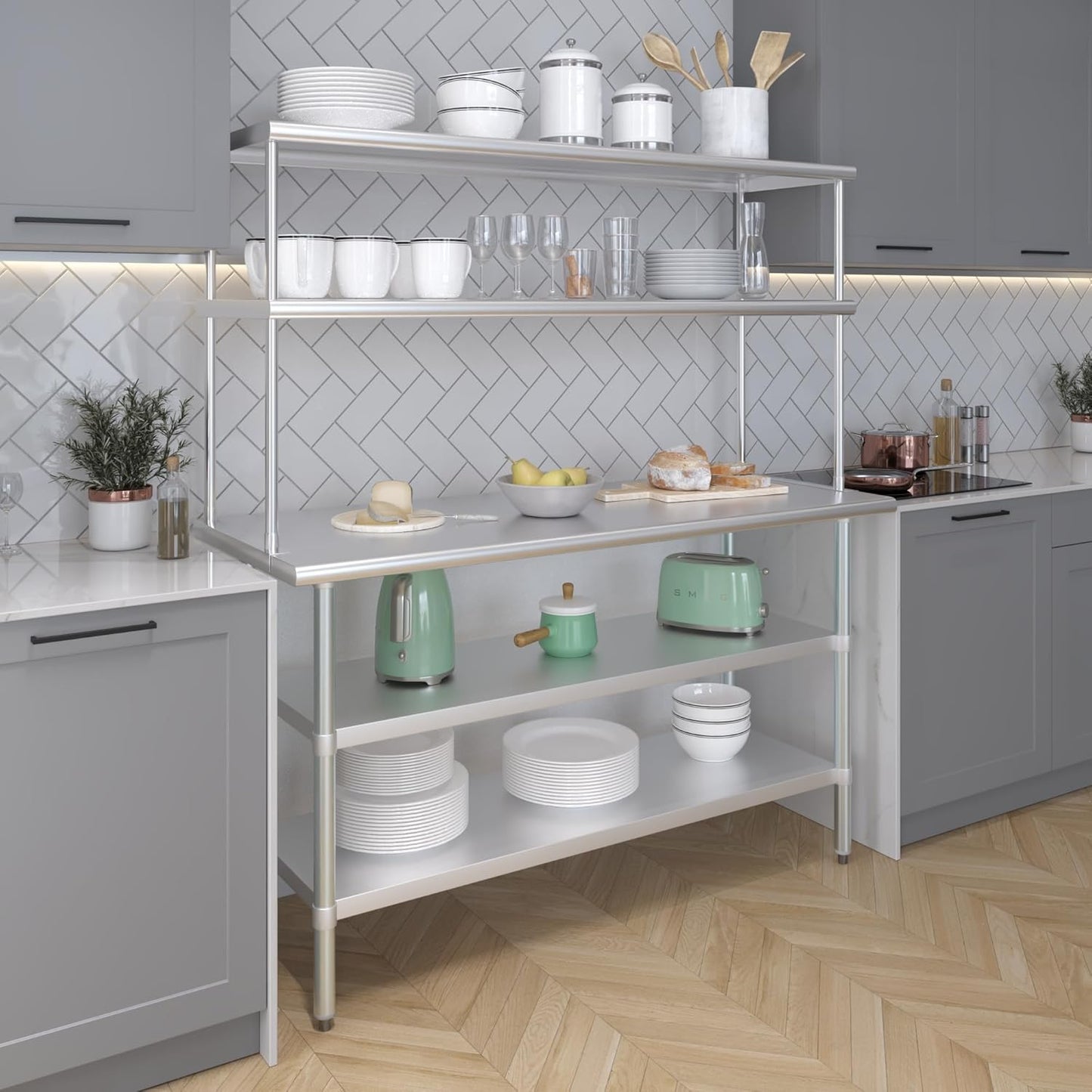 Amgood Stainless Steel Work Table with 2 Shelves | Metal Kitchen Prep Table & Shelving Combo (24" x 60" Table with 2 Shelves + 18" Overshelf)