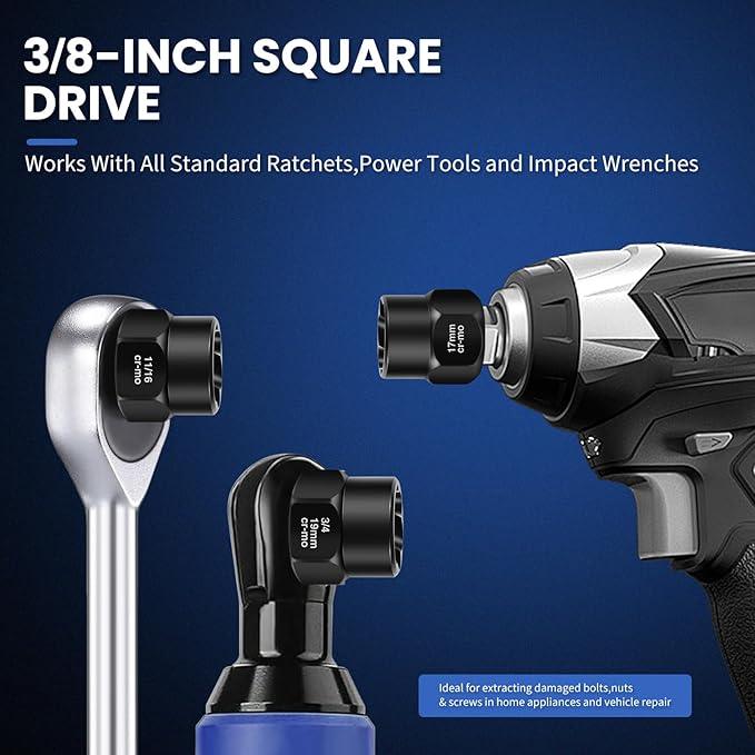 13-Piece Bolt Extractor Kit, Extractor Set for Stripped/Lug Nut Removal, 3/8" Drive Screw Extractor Socket Set, SAE & Metric