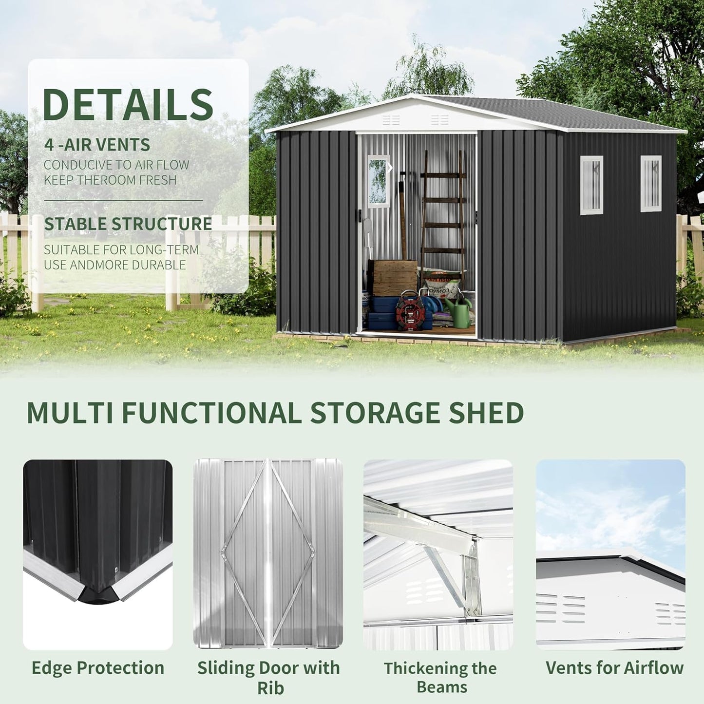 12x10 FT Outdoor Storage Shed with 4 Windows, Durable Metal Garden Sheds w/Updated Frame and Lockable Sliding Doors, Waterproof All-Weather Shelter Tool House for Backyard, Patio, Lawn, Grey