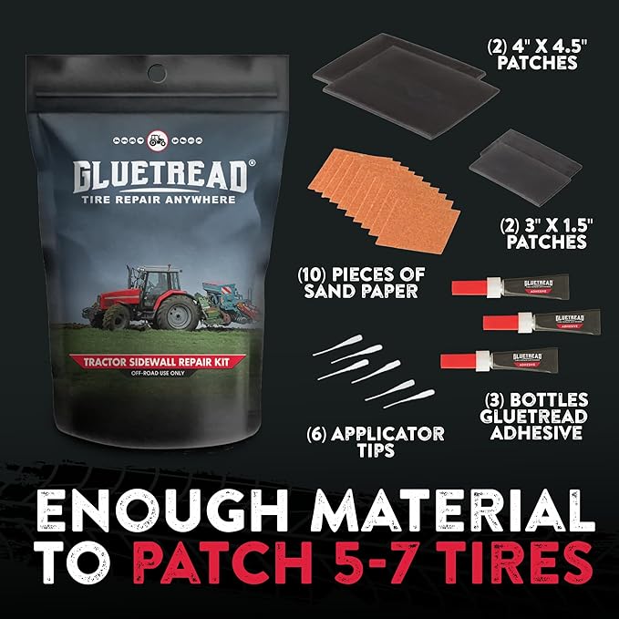 GlueTread Tractor Sidewall Tire Repair Kit | Off-Road Puncture Repair Anywhere No Need to Remove Tire | Enough Material to Patch 5-7 Tires | Puncture Repair Kit for Tractors, Trailers and Mowers