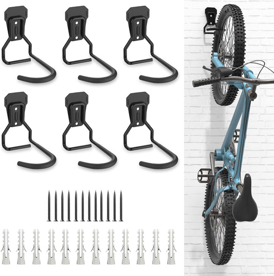 Bike Wall Mount with Fixed Hook, [6 Pack] Heavy Duty Bike Storage Rack, Bike Rack Vertical Stand for Garage - Easily Hang/Detach - with Screws Iron Bike Hanger Brackets