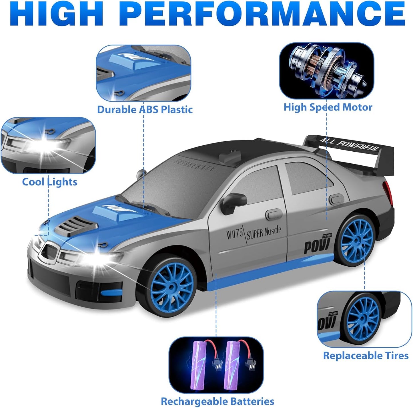 RC Drift Car, 1/24 2.4GHz 4WD Remote Control Car High Speed Drift RC Cars with LED Lights, 2 Rechargeable Battery and Drifting Tires Racing Toy Cars for Kids Boys Girls Adults(Grey)