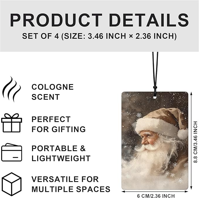 Christmas Car Air Freshener 4 Pcs, Vintage Rustic Winter Xmas Santa Bell Tree Hanging Air Freshener for Cars Closet Drawer Books, Winter Christmas Car Accessories for Women Men