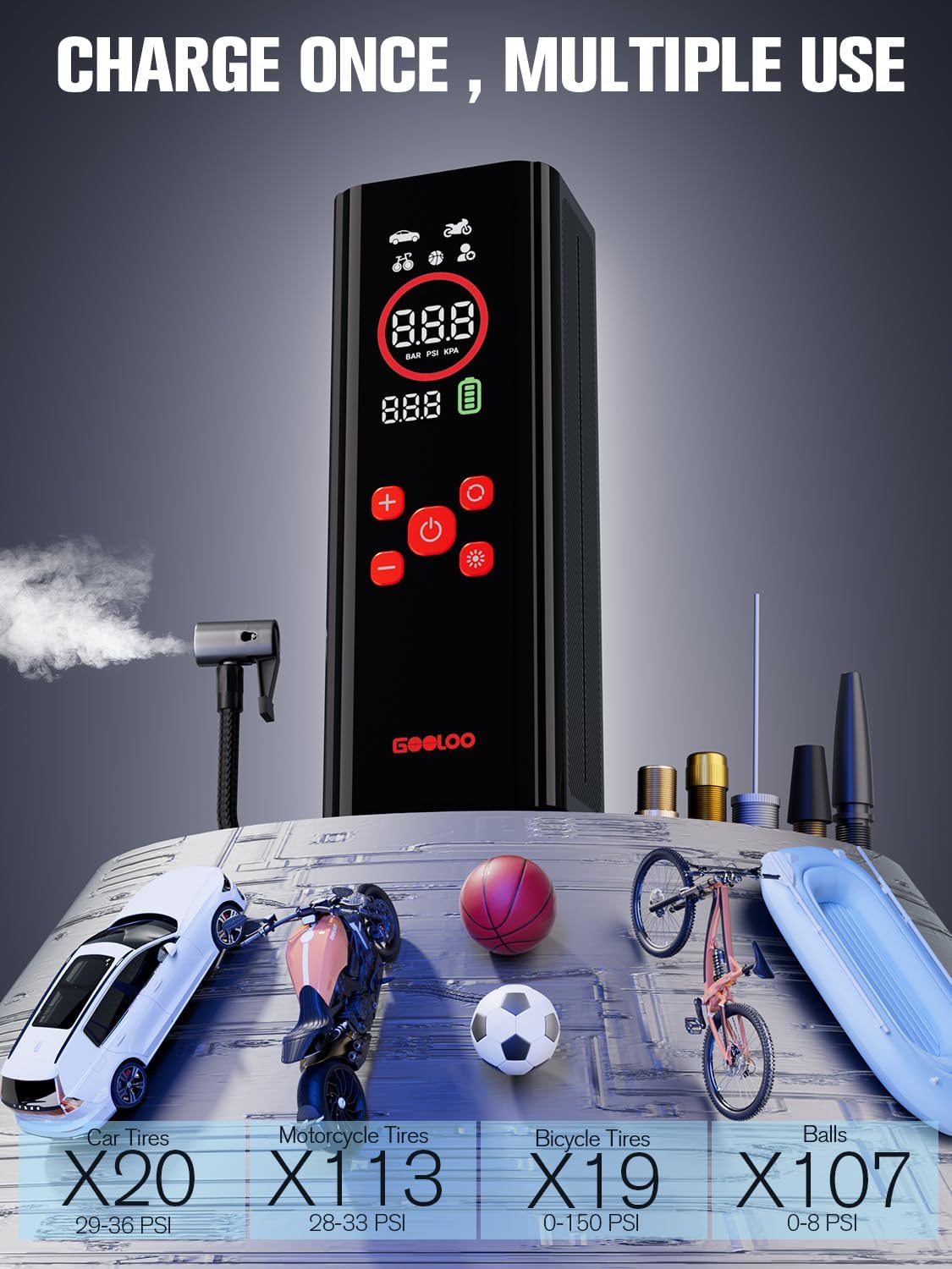 GOOLOO AP150 PRO Tire Inflator Portable Air Compressor, Upgraded UI Color LED Screen & 4X Faster Car Tire Air Pump with Tire Pressure Gauge, 12V Electric Tire Pump with Auto Shut-off for Car,Bike,Ball