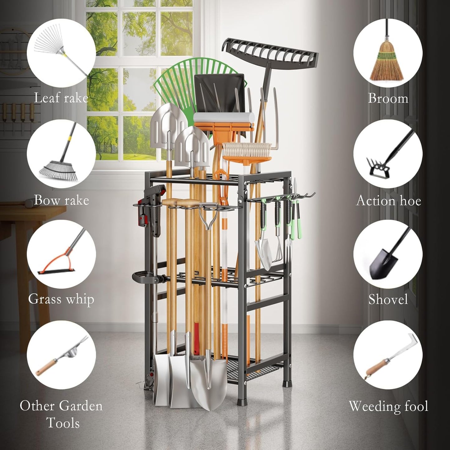 Garden Tool Organizer Storage Metal Yard Tool Organizer Heavy Duty Garden Tool Rack Stand with Extra Hooks, Up To 35 Long Handled Shovels/Rakes/Brooms Holder for Garage,Shed,Outdoor(Black)