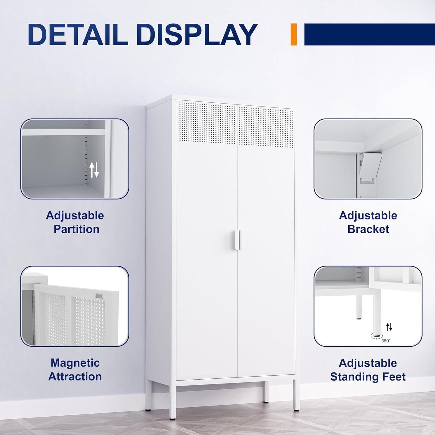 Metal Storage Cabinet with Adjustable Shelves, White, 61''H x 27.56''W 13.78''D, for Kitchen, Laundry Room, Home Office, Kids Room