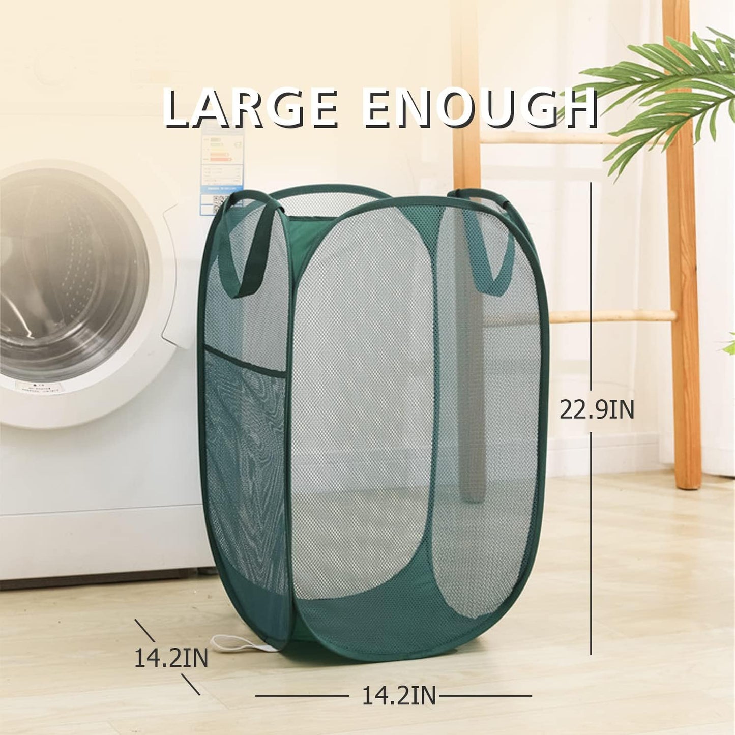 HONOMA Sturdy Mesh Laundry Hamper Basket Bag,Pop up Basket with Side Pocket for Laundry Room, Bathroom, Kids Room, College Dorm or Travel (Pop Vertical, Emerald)