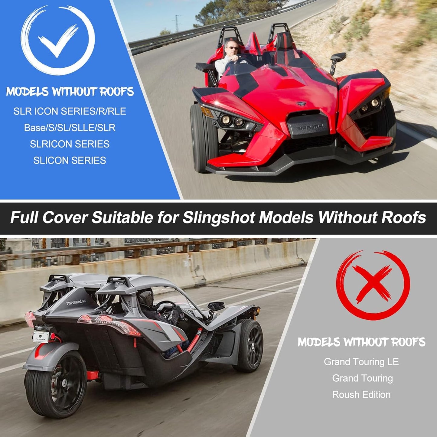 Full Cover for Polaris Slingshot,Waterproof Windproof Sunproof Outdoor Protection Compatible with Slingshot/S/SL/SLR/SLR LE,with Fabric Straps,Black&Red