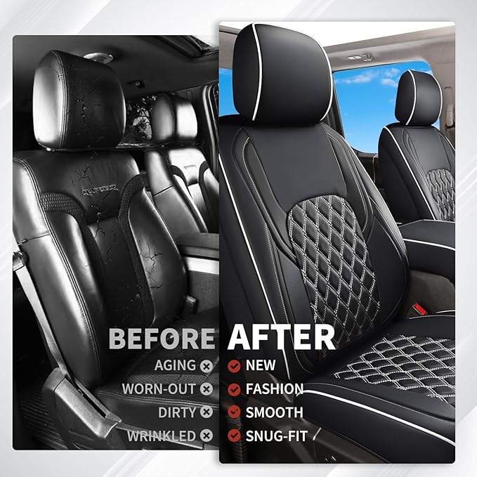 Huidasource F150 Front & Back Leather Seat Covers Accessories Fit for 2015-2025 F150 SuperCrew & 2017-2025 F250 F350 F450 Super Duty Crew Cab XL XLT Lariat King Ranch Platinum(Full Set/Black&White)