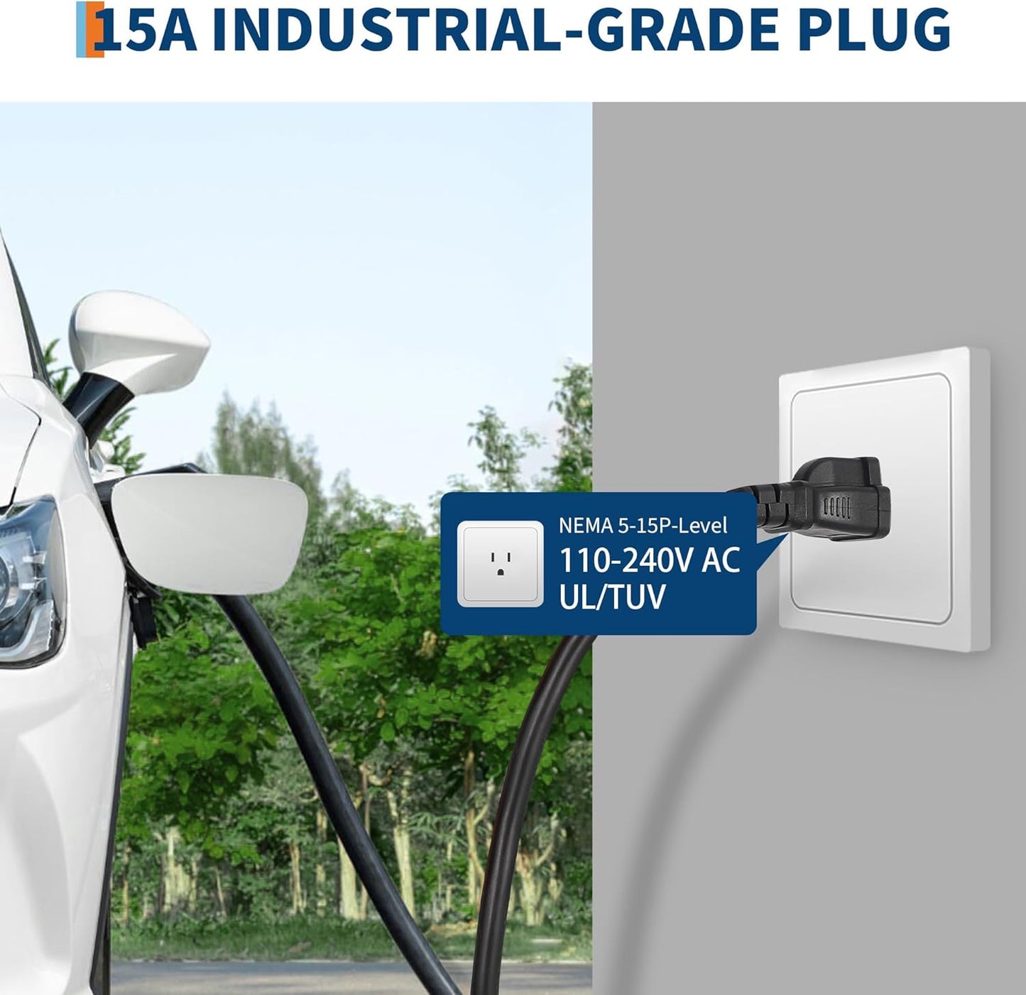 Level 1 EV Charger, 15A 110V Voltage, NEMA 5-15 Plug, 25ft Cable, Adjustable Current/Delay Timer, SAE J1772 Listed Portable Electric Car Charger for Indoor/Outdoor Use