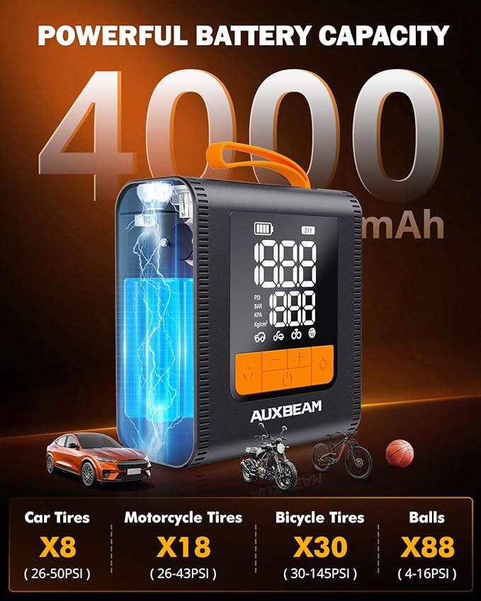AUXBEAM Tire Inflator Portable Air Compressor,150PSI Car Tire Pump 4 Inflation Modes Cordless Air Pump With LCD Screen for Car, Motorcycle, Bike, Ball