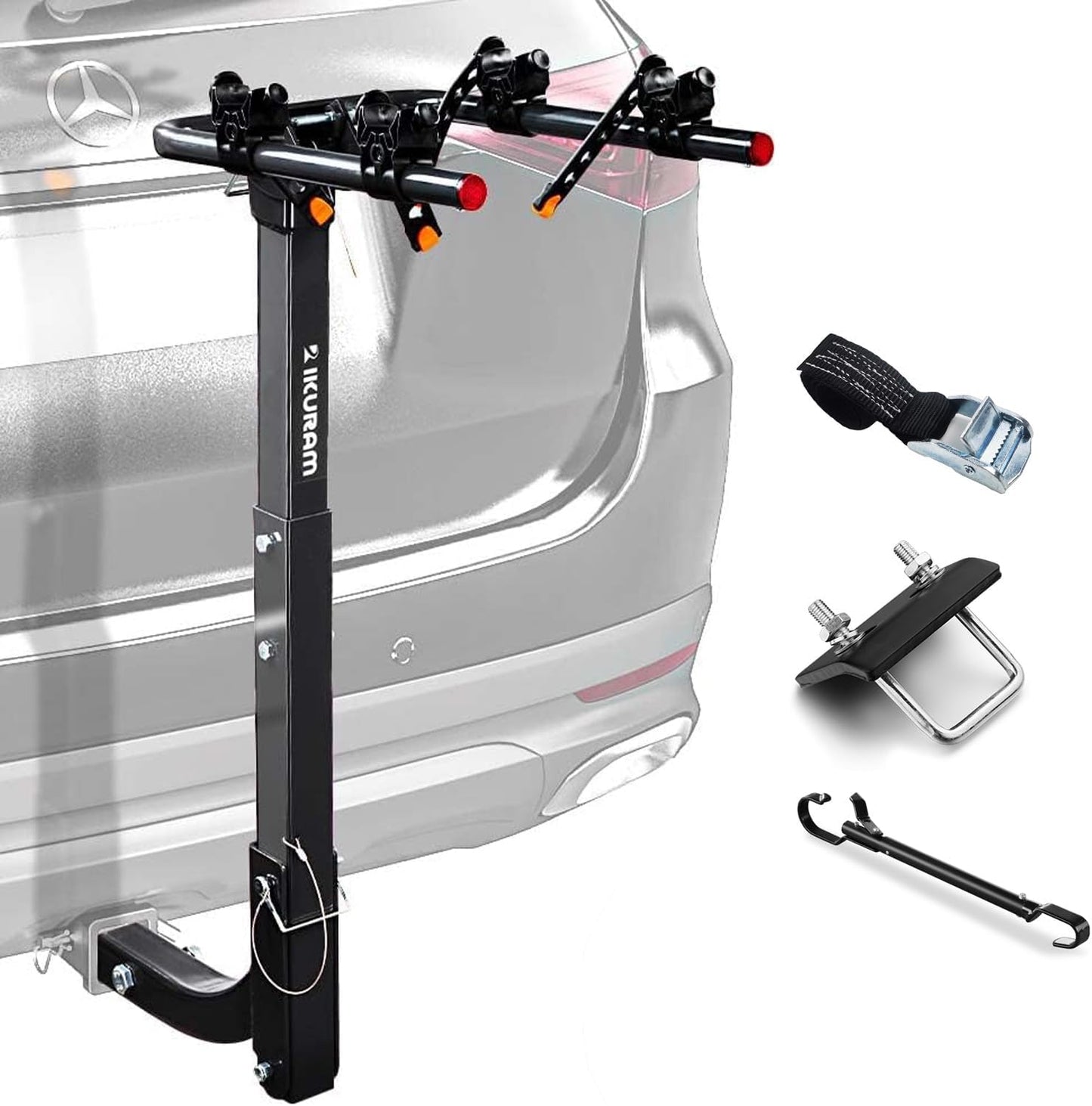 2 Bike Rack Bicycle Carrier Racks Hitch Mount Double Foldable Rack for Cars Truck SUV Fits 2" Receiver, Tie Down Strap, Anti-Rattle Hitch Tightener & Bicycle Cross-bar Adapter for Kid’s Bike