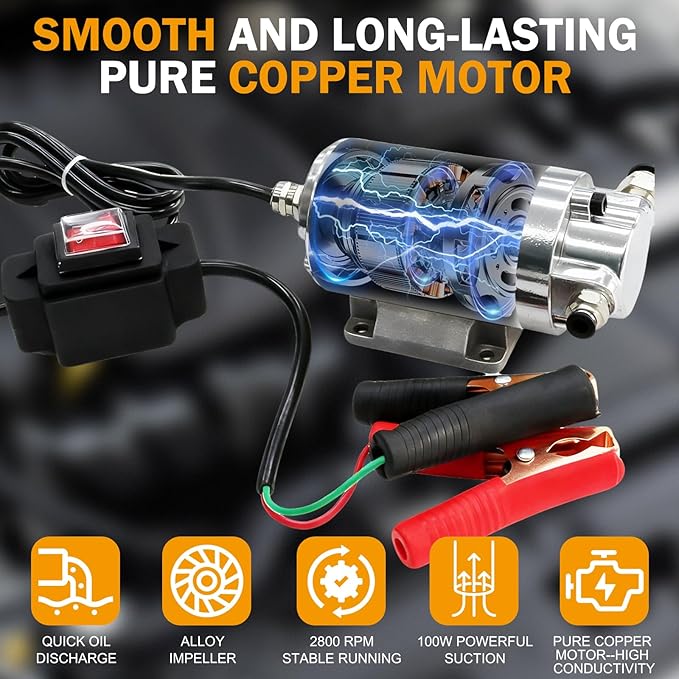 MILADO 12V 100W Electric Oil Change Extractor Pump Set,1-4L/min Fluid Transfer Pump for Engine Oil, Diesel Oil, Transmission Fluid, Gear Oil, Suitable for Boat, Car, Truck, Motorcycle, Lawnmower