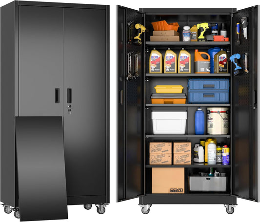 Metal Garage Storage Cabinet with Wheels and Pegboard 71'' x 34'' x 18'', Lockable Rolling Steel Cabinet with 5 Adjustable Shelves and Door for Garage, Office, Kitchen, Assembly Required(Black)